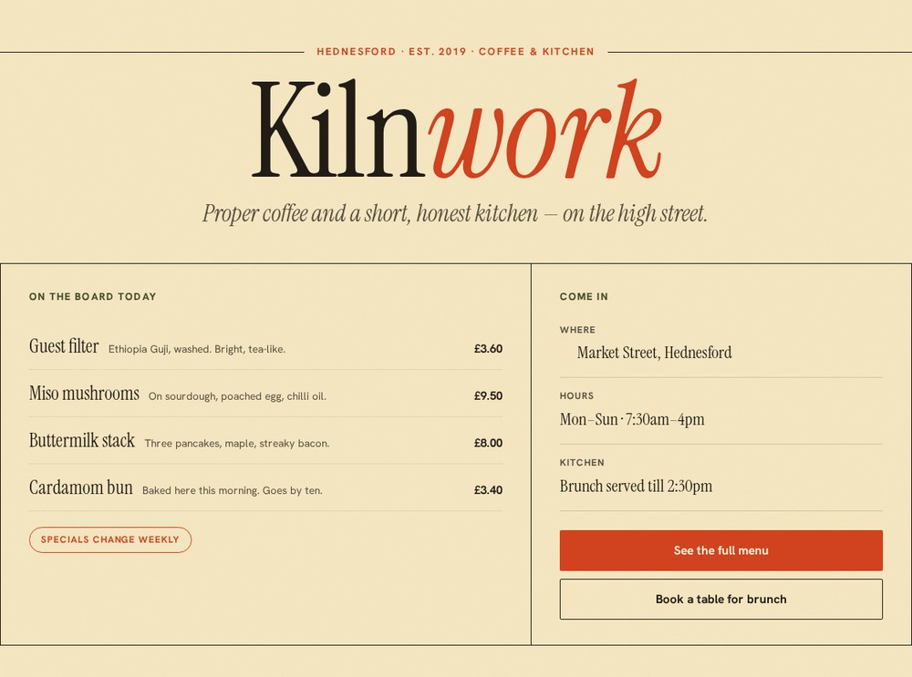 Homepage of a cafe website built by Local Web Lab