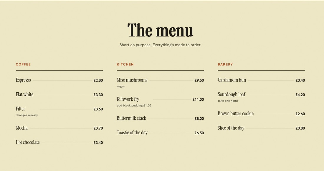 Menu section of a cafe website built by Local Web Lab