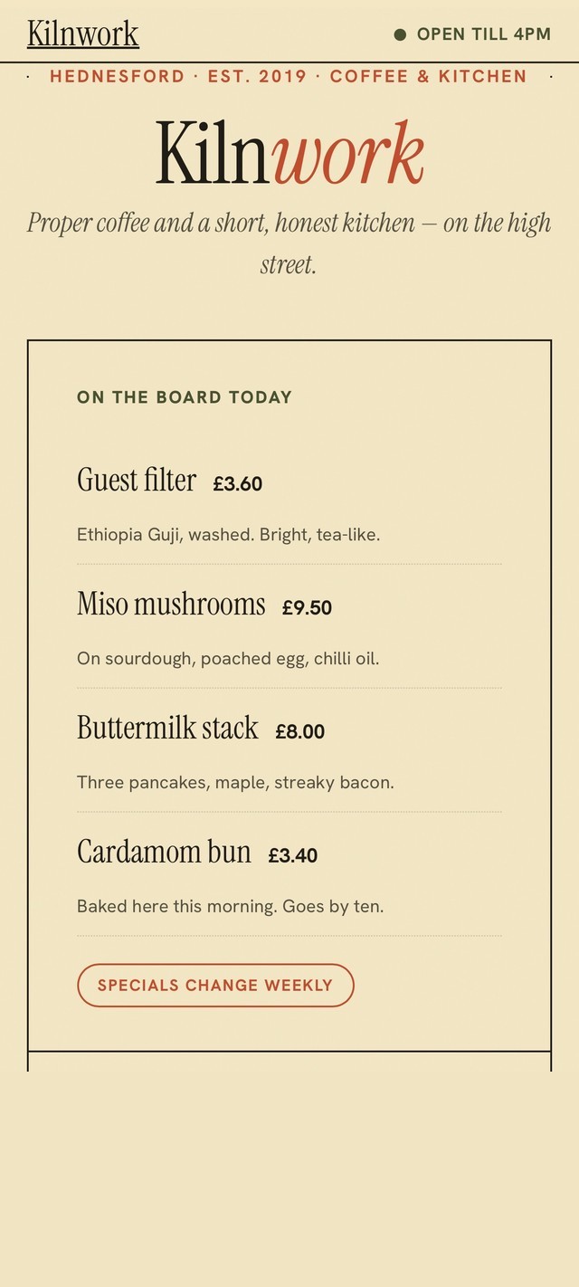 Mobile view of a cafe website built by Local Web Lab