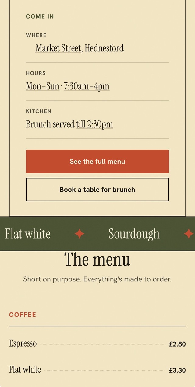 Tablet view of a cafe website built by Local Web Lab