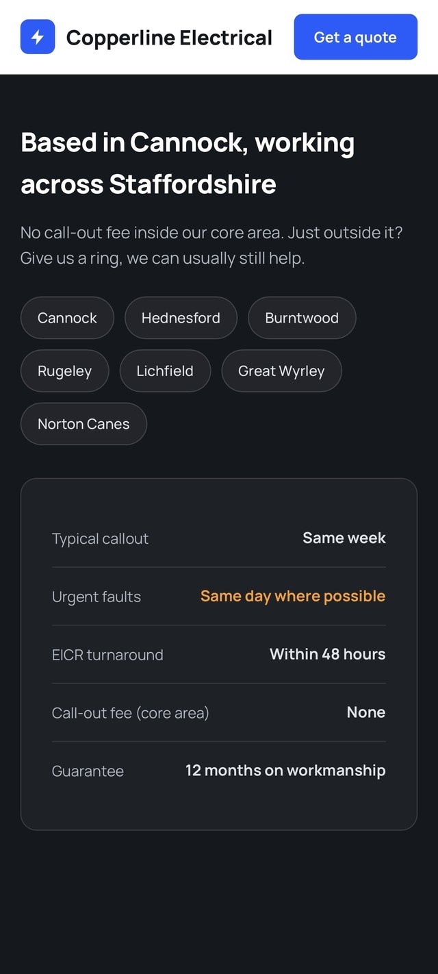 Mobile view of an electrician website showing local service areas and callout times
